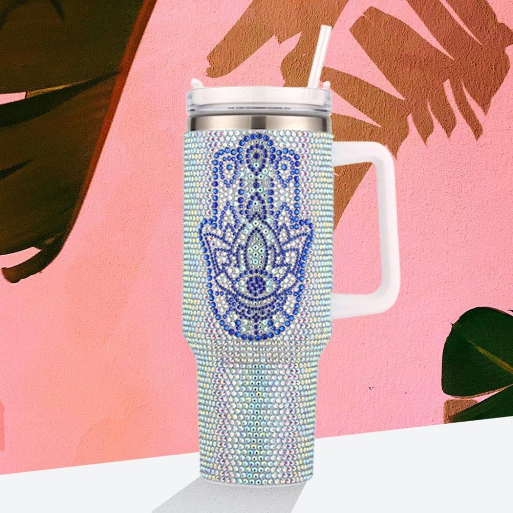 Rhinestone Bling Evil Eye Hamsa Hand Studded 40oz Stainless Blue Tumbler NEW